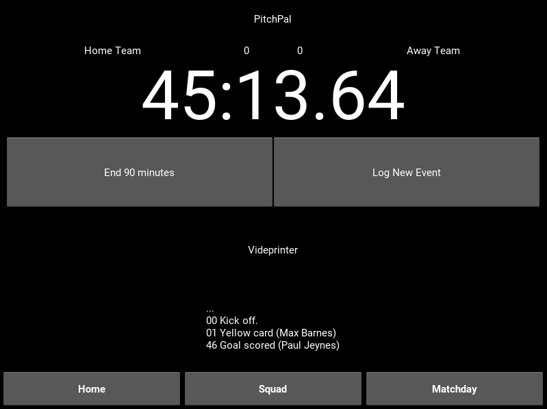 Matchday screen showing stopwatch and event log Alt text
